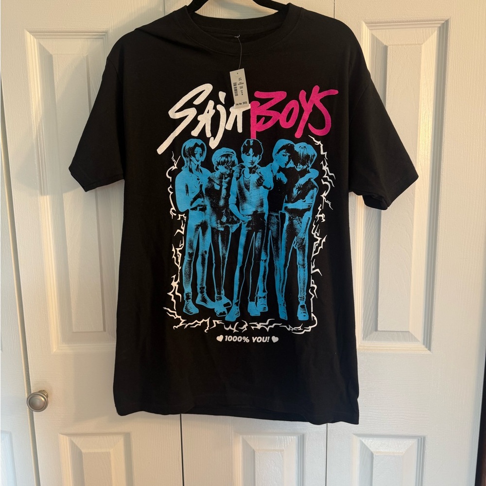 Netflix Black Tee with Pink & Teal Stray Boys Graphic